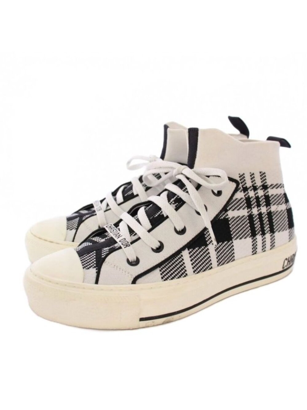 Christian Dior Walkn High Cut Sneakers Check 36.5 Black White Kck341 Tkt19 - Picture 2 of 7